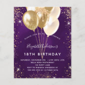 Papier Anniversaire de ballons d'or violet invitation bud (Devant)