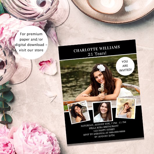 Papier Anniversaire fête noir blanc photo invitation