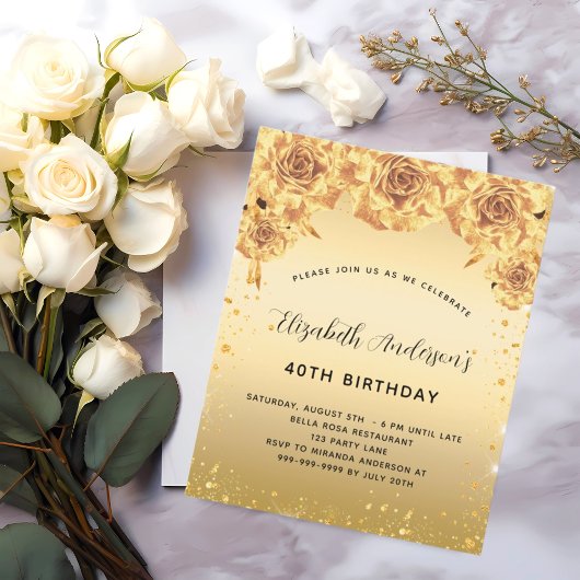 Papier Anniversaire fête or rose invitation florale