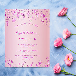Papier Anniversaire fête rose étoiles invitation budget