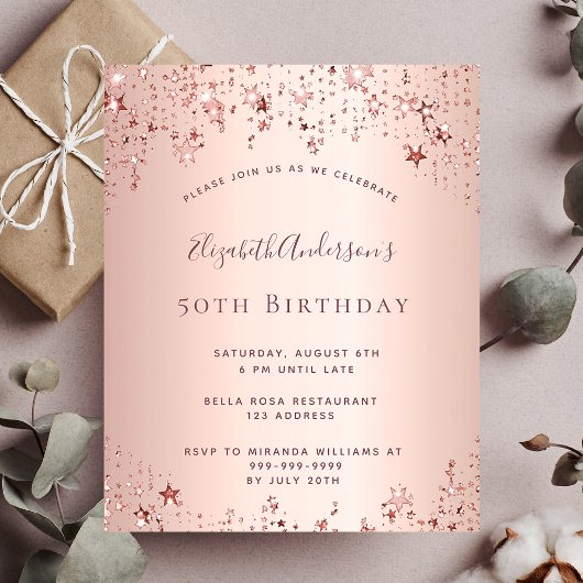 Papier Anniversaire fête rose or étoiles invitation