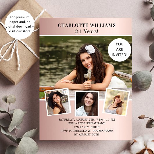 Papier Anniversaire fête rose or photo budget invitation