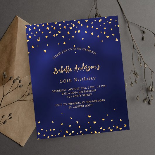 Papier Anniversaire marine bleu coeur or budget invitatio