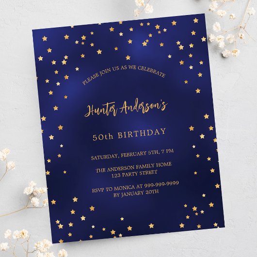 Papier Anniversaire marine bleu or étoiles invitation bud