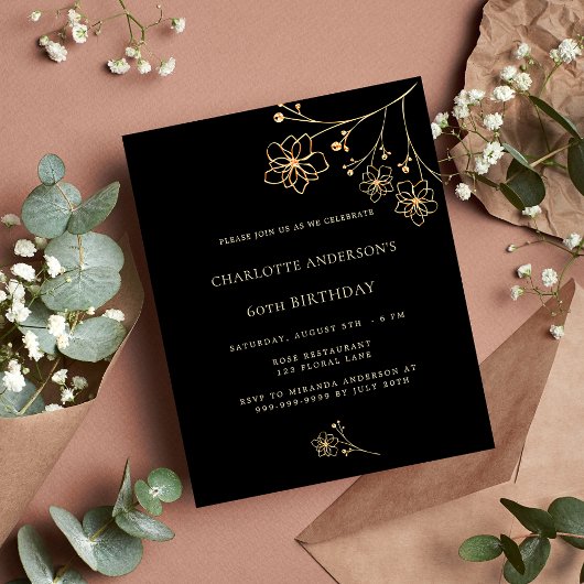 Papier Anniversaire noir or floral budget invitation