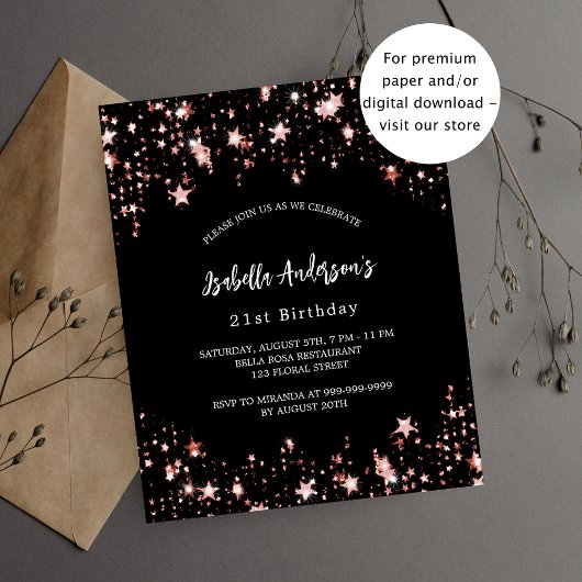 Papier Anniversaire noir rose or étoiles invitation