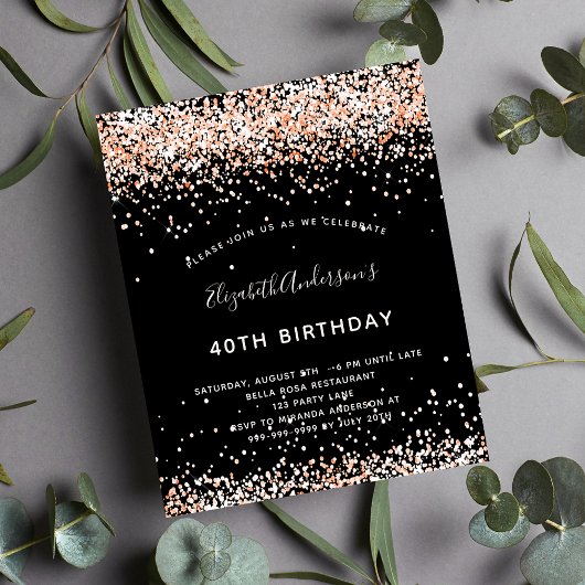 Papier Anniversaire noir rose or invitation