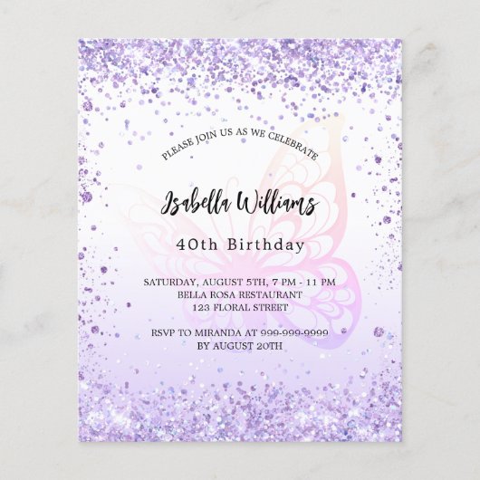 Papier Anniversaire papillon violet invitation budgétaire (Devant)
