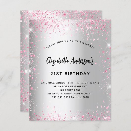 Papier Anniversaire parties scintillant rose argent invit (Devant / Derrière)