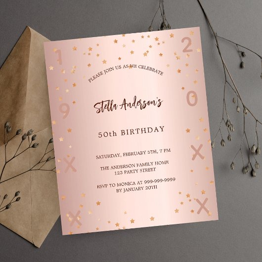 Papier Anniversaire rose or étoiles élégante invitation b