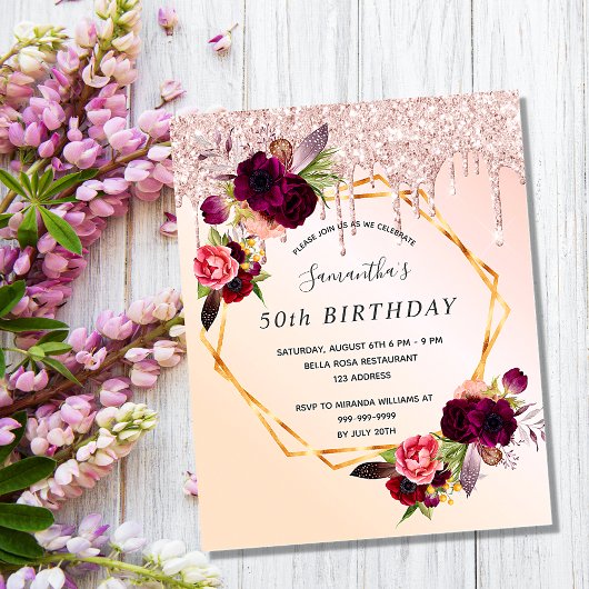 Papier Anniversaire rose or floral bordeaux invitation