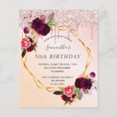 Papier Anniversaire rose or floral bordeaux invitation (Devant)