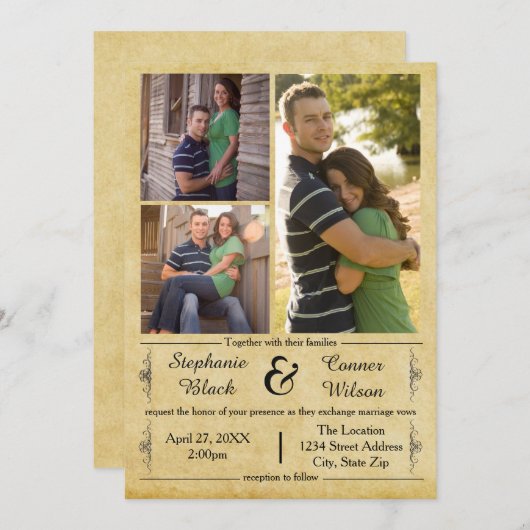 Papier antique 3 Photos - Faire-part de mariage (Devant / Derrière)