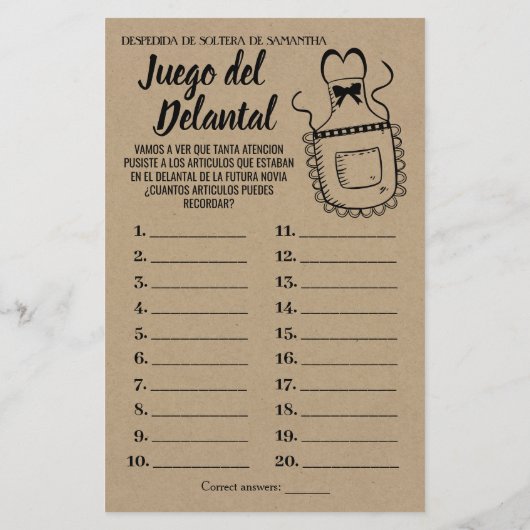 Papier Apron nuptiale douche anglais jeu espagnol (Dos)