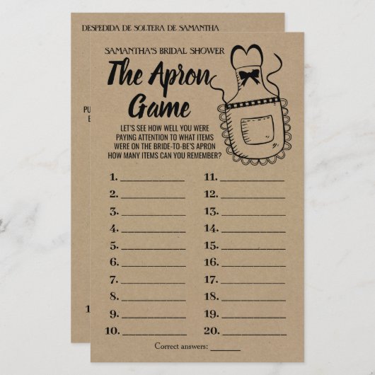 Papier Apron nuptiale douche anglais jeu espagnol (Devant / Derrière)