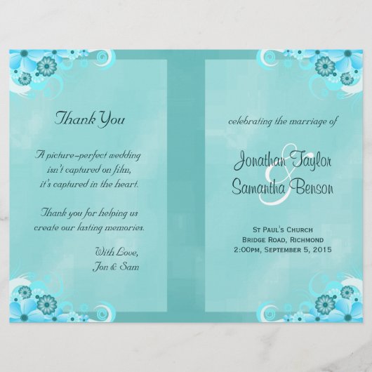 Papier Aqua bleu foncé Floral Turquoise Bi-Fold Wedding P (Devant)