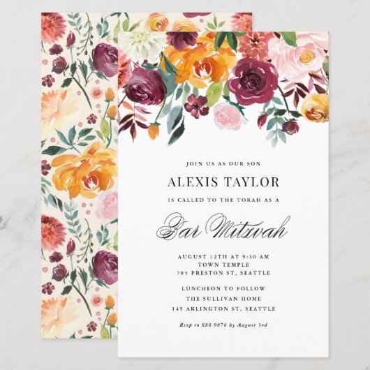 Papier Aquarelle Autumn Blooms Bar Mitzvah Invitation (Devant / Derrière)