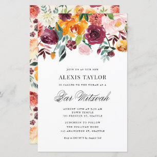 Papier Aquarelle Autumn Blooms Bar Mitzvah Invitation