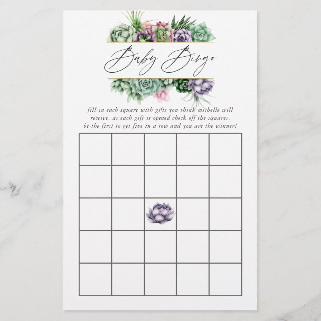 Papier Aquarelle Baby shower géométrique Succulent Bingo (Devant)