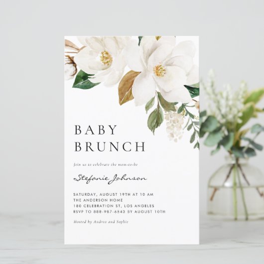 Papier Aquarelle Blanc Magnolia Baby Brunch Invitation (Debout devant)