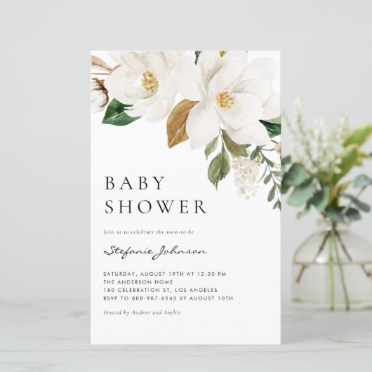 Papier Aquarelle blanc Magnolia Baby shower Invitation (Debout devant)