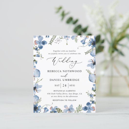 Papier Aquarelle bleu budget Faire-part de mariage floral (Debout devant)