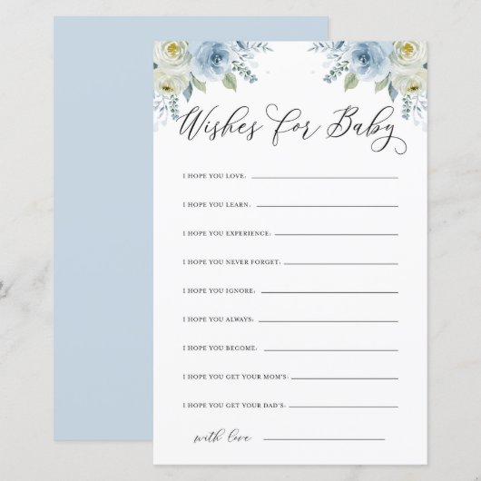 Papier Aquarelle Bleu et Fleurs Blanches Voeux pour bébé (Devant / Derrière)