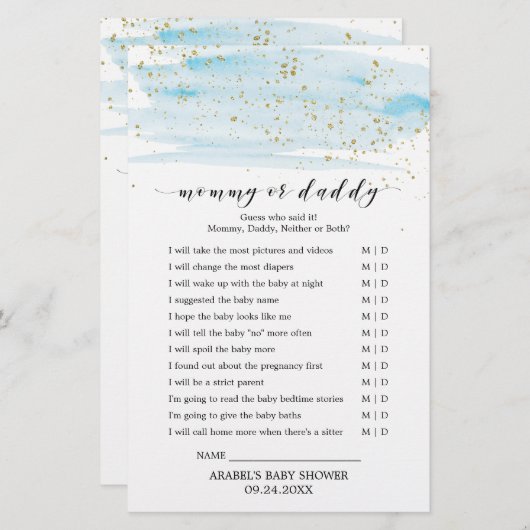 Papier Aquarelle Bleu et or Bébé Mot Scramble Jeu (Devant / Derrière)