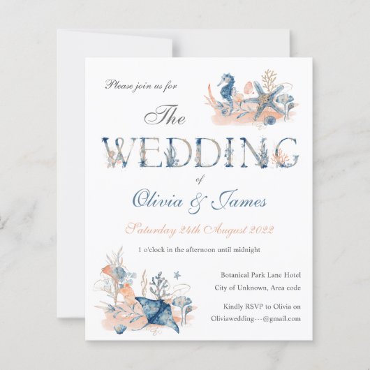 Papier Aquarelle bleu marine faire-part de mariage (Devant)