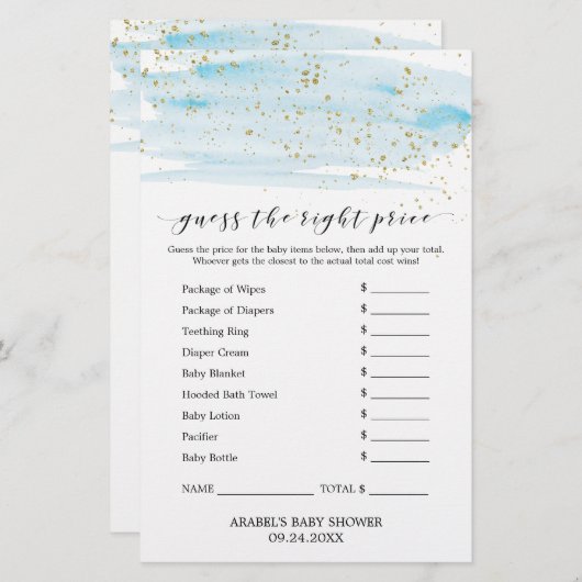 Papier Aquarelle Bleu & Or Devinez Le Bon Jeu De Prix (Devant / Derrière)