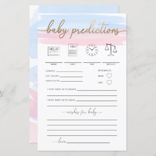 Papier Aquarelle bleu rose Bébé Prédictions Jeu (Devant / Derrière)