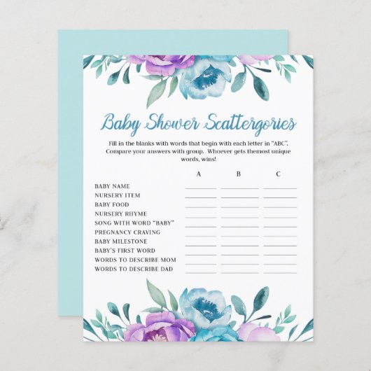 Papier Aquarelle bleue Baby shower floral (Devant / Derrière)