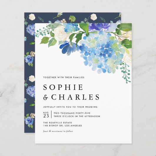 Papier Aquarelle bleue Hydrangea Faire-part de mariage (Devant / Derrière)