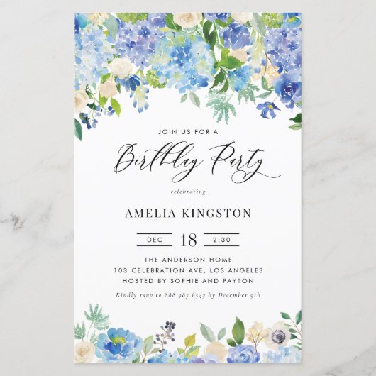 Papier Aquarelle Blue Hydrangea Invitation d'anniversaire (Devant)