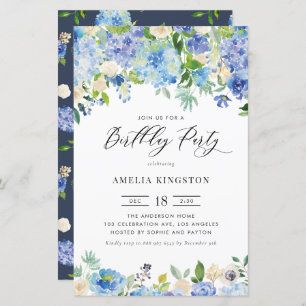 Papier Aquarelle Blue Hydrangea Invitation d'anniversaire