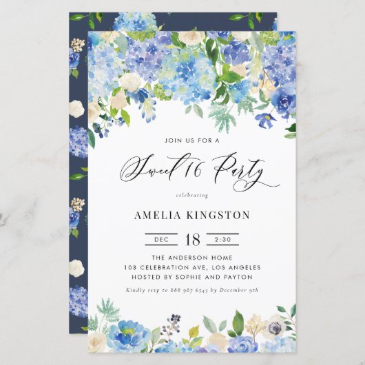 Papier Aquarelle Blue Hydrangea Sweet sixteen Invitation (Devant / Derrière)