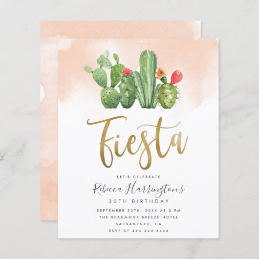 Papier Aquarelle Blush Budget & Fête Cactus Anniversaire (Devant / Derrière)