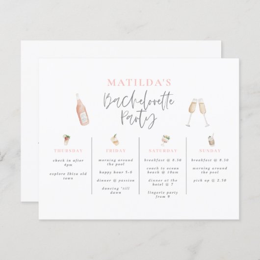 Papier aquarelle boisson rose girly bachelorette itinérai (Devant / Derrière)