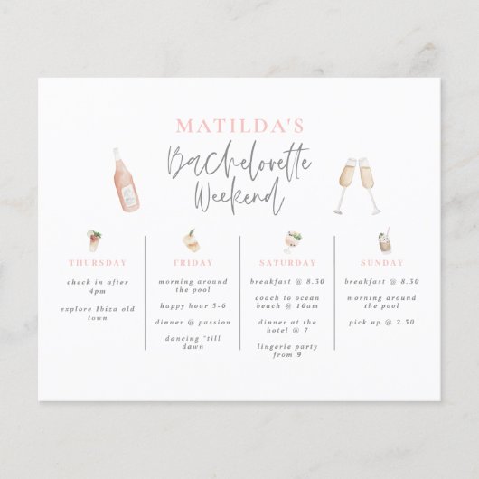 Papier aquarelle boisson rose girly bachelorette itinérai (Devant)