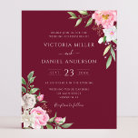 Papier Aquarelle Bourgogne Faire-part de mariage Floral<br><div class="desc">Un élégant faire-part de mariage à budget floral avec des fleurs d'aquarelle rose vif et une calligraphie manuscrite moderne sur un arrière - plan rouge bordeaux.</div>