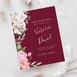 Papier Aquarelle Bourgogne Mariage Floral Enregistrer La<br><div class="desc">Un mariage floral élégant Sauvegardez la carte datant avec des fleurs d'aquarelle rose avec une calligraphie manuscrite moderne sur un arrière - plan rouge bordeaux.</div>