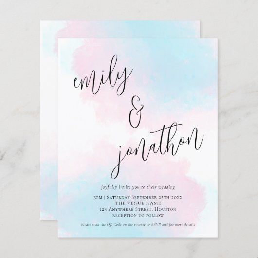 Papier Aquarelle Budget bleu rose QR Code Mariage Invitat (Devant / Derrière)