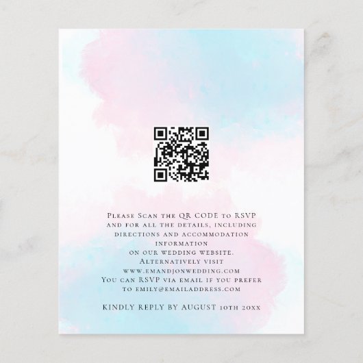Papier Aquarelle Budget bleu rose QR Code Mariage Invitat (Dos)