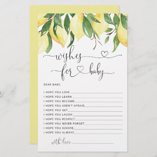 Papier Aquarelle Citron Baby shower Waches for Baby Card (Devant / Derrière)