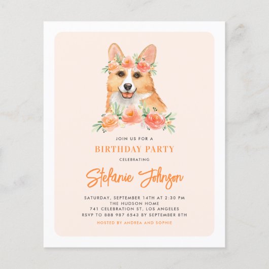Papier Aquarelle Corgi Peach Invitation de fête d'anniver (Devant)