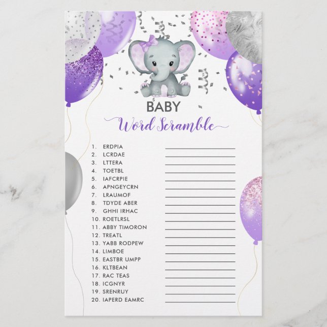 Papier Aquarelle d'éléphant violet Bébé Mot Scramble (Devant)