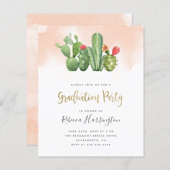 Papier Aquarelle et cactus Blush Budget Graduation Party (Devant / Derrière)