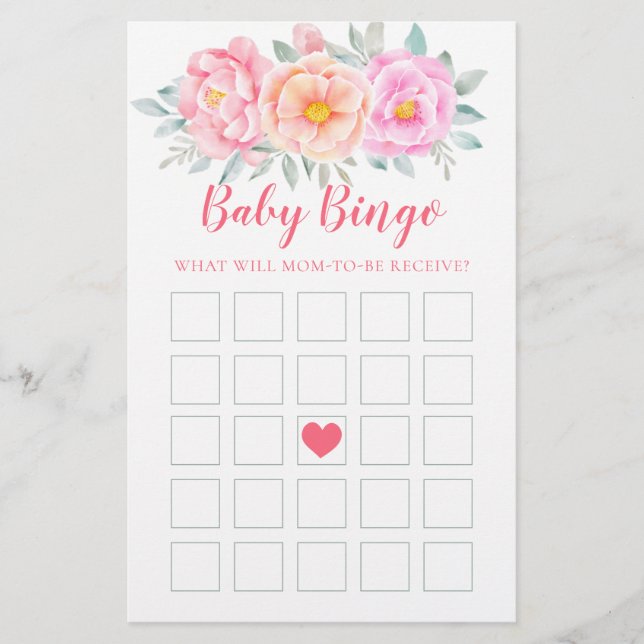 Papier Aquarelle Fleurs Baby shower Jeu bébé Bingo (Devant)