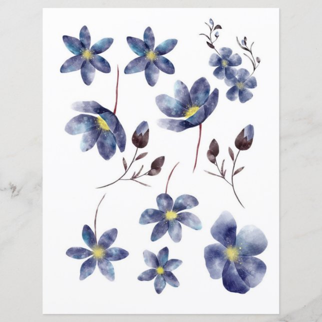 Papier Aquarelle fleurs bleues à découper et coller (Devant)
