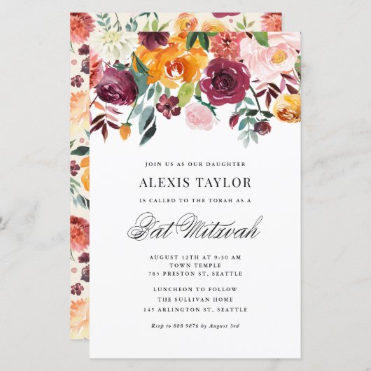 Papier Aquarelle Fleurs d'automne Invitation Bat mitzvah (Devant / Derrière)